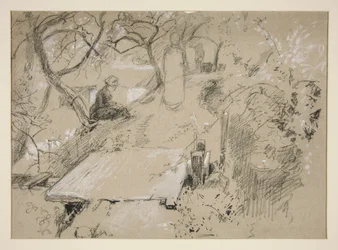 Woman Seated on Bench in a Garden or Public Park - Unidentified Illustration