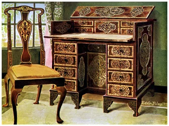 Walnut inlaid writing table, 1910