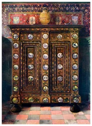 Walnut Kas Inlaid and with Painted Medallions of Delft Ware