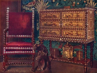 Group of Late Sixteenth-Century Continental Furniture: Portuguese Cabinet of Chestnut, Inlaid with Ivory, Ebony, and Coloured Woods, Spiral Turned Arm-Chair