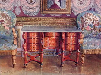 Kneehole Writing Table in Red Tortoiseshell and Lacquer Steel Top. Boulle. Gilt Fauteuils, Upholstered in Tapestry