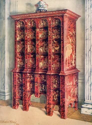 Red and Gilt Lacquer Double Chest of Drawers