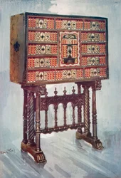 Vargueno Cabinet of Chestnut, Ivory, etc., Painted and Gilt with Wrought-Iron and Steel Mounts: Upon Twisted, Turned, and Carved Stand