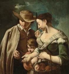 A fruit seller and a young boy, with a basket of peaches, pears and grapes, in a landscape, with a man holding a gun and a coin