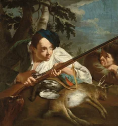 Hunters resting with dead game in a wooded landscape