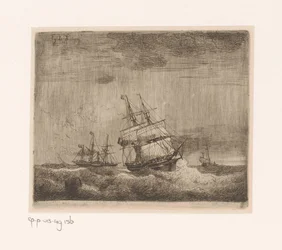 Sailing Ships and a Paddle Steamer at Sea