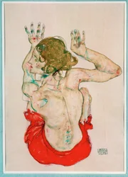 Female Nude Seated on Red Drapery, Back View