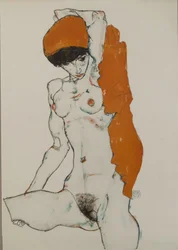 Female nude with orange-red cloth, 1914