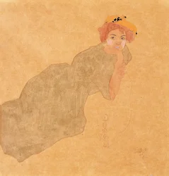 Girl in Olive Coloured Dress with Propped Arm