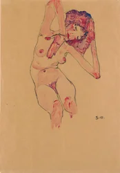 Seated Female Nude with Bowed Head and Raised Arms