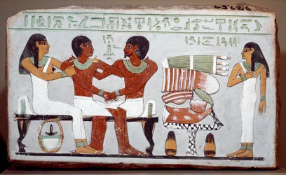 Egyptian antiquity: painted limestone burial stele depicting the family of Amenemhet (Amenemhat)