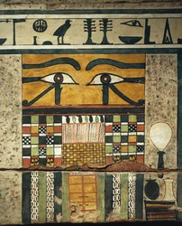 Panel Detail with Apotropaic Eyes Surmounting Closed Door, Symbolizing Transition to Underworld, from Sarcophagus of Irinimenpu