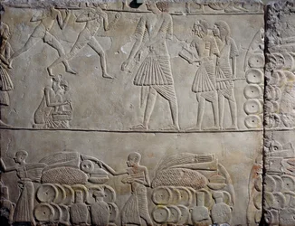 Arrangement of Food in Warehouses, Limestone Wall Relief, from Memphite Tomb of Horemheb at Saqqara, Egyptian Civilization, New Kingdom, Dynasty XVIII