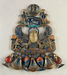 Breastplate with solar and lunar emblems, From Tomb of Tutankhamun, Thebes, Egypt, Goldsmith art, Egyptian civilization, New Kingdom, Dynasty XVIII