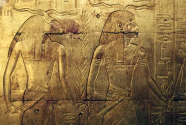 Deities, engraving on rear panel of third burial chapel covered in gold, Treasury of Tutankhamun, Egypt