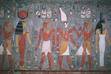 Egypt, Thebes, Luxor, Valley of the Kings, Tomb of Horemheb, Mural Painting Depicting Horemheb Between Goddess Isis and God Horus