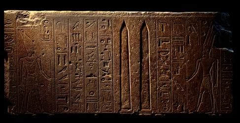 Detail of an engraved fresco depicting Queen Hatshepsut and two obelisks at the Temple of Amon, 18th dynasty, Luxor, Egyptian Art Museum