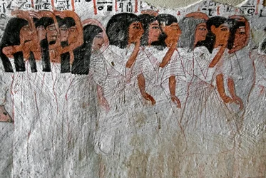 Egyptian antiquity: procession of weeping. Painting of the Tomb of Roy (TT255). 18th dynasty. From the West Bank of Luxor, Egypt