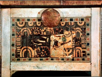 Egyptian Antiquity: Small Wooden Box with Ivory Inlay Representing the Hunting Parts of Pharaoh Tutankhamun. 18th Dynasty. From the Tomb of Tutankhamun (1345-1327 BC) Valley of the Kings. Thebes Cairo, Egyptian Museum