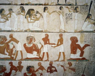 Funeral Feast with Female Musicians, Ladies Adorning Themselves with Jewelry, Men and Musicians