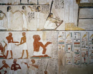 Funeral feast with female musicians, men and musicians (detail), frescoes in the Tomb of Rekhmire, Sheikh Abd el Qurnah Necropolis, Luxor, Thebes