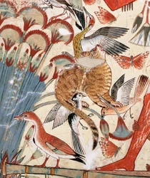 Nebamun Hunting in the Marshes with His Wife and Daughter, Part of a Wall Painting from the Tomb-Chapel of Nebamun, Thebes, New Kingdom, c.1350 BC