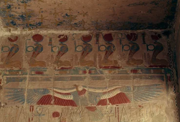 Painted wall with solar disk, uraeus and vulture of Upper Egypt, Mortuary Temple of Hatshepsut, Deir el-Bahari, Theban Necropolis
