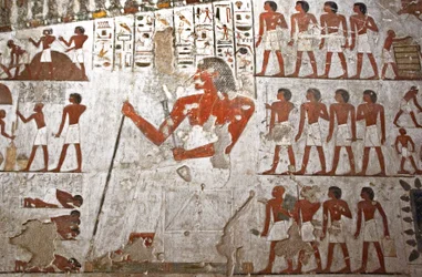 Painting Decorating the Tomb of Rekhmire, Represented Surrounded by His Servants (Fresco)
