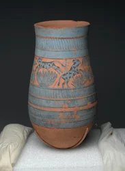 Teardrop shaped vase with painted designs of maidens, cows and swamp plants, New Kingdom, c.1390-1353 BC