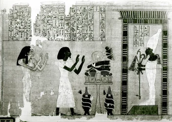 The deceased accompanied by his sister go to pay homage to Osiris, detail from the Book of the Dead