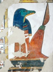 Crocodile-headed guardian of the third gate to the Kingdom of Osiris, chapter 146 of the Book of the Dead, fresco, burial chamber, Tomb of Nefertari (QV66), Valley of the Queens, Thebes. Egyptian civilization, New Kingdom, Dynasty XIX