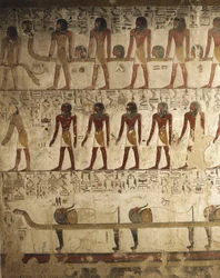 Egypt, Luxor, Valley of the Kings, Tomb of Seti I, Relief of painted scenes from Book of Gates