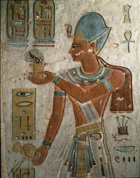 Egyptian Antiquities: Pharaoh Ramses I (1320-1310 BC) offers incense and pours water at a ceremony. Tomb of Ramses I, Valley of the Kings, Egypt