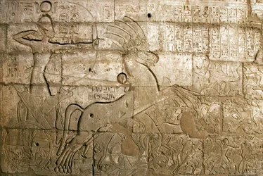 Egyptian antiquity: view of the reliefs celebrating the feats of Ramses II during the Battle of Qadesh in 1274 BC. The Pharaoh is represented on his chariot, the funerary temple dedicated to Pharaoh Ramses II (1279-1213 BC), Ramasseum site (Ramesseum) in L