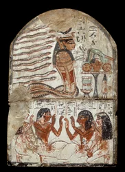 Egyptian antiquity: stele by sculptor Ken, artisan in Deir el Medineh. Era of Ramses II (1290-1224 BC)