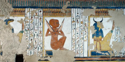 Henty-Reki, guardian of fifth Gate of Kingdom of Osiris, and ox-headed guardian of fourth gate, frescoes of burial chamber of Nefertari, Valley of Queens, Luxor, Thebes