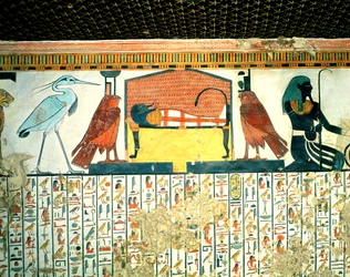 Mummy on a funeral bed with various divinities, from the Tomb of Nefertari, New Kingdom