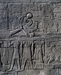 Ramesses II in front of sacred boat, relief, interior walls of Great Hypostyle Hall, Karnak temple complex