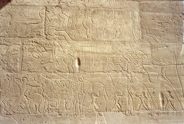 Relief depicting Egyptian troops storming the Hittite city of Dapur, from the Great Hypostyle Hall