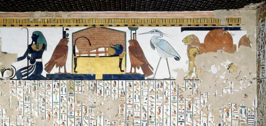 Upper register, lions with symbol of Atum, god Bennu, symbol of soul of Ra, mummy of Nefertari with two falcons, and genius of Nile, lower register, chapter 17 of Book of Dead, fresco, Tomb of Nefertari, Valley of Queens, Thebes