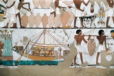 Mural Painting Depicting Scene of Carriage of Wine on Boat, from New Kingdom