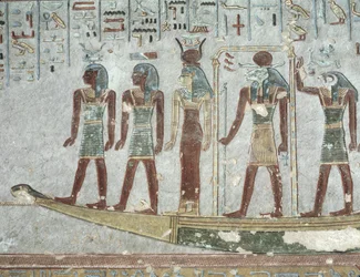 Relief depicting Khnum in a funerary barque passing through the Underworld, from the Tomb of Ramesses III