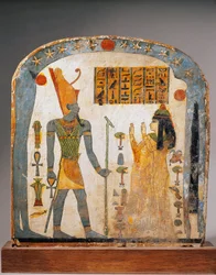 Painted Wood Stele of Lady Taperet, Depicting Taperet Praying to God Aton with Sky Represented by Goddess Nut