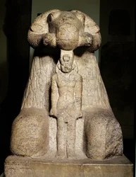 Statue of Amun in the Form of a Ram Protecting King Taharqa, 690-664 BC