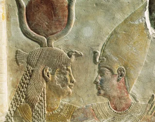 King Nectanebo II Welcomed by Goddess Isis, Painted Limestone Relief, from Serapeum at Saqqara (detail)