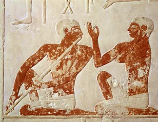 Painted relief depicting a flute player and a singer at a funerary banquet, from the Tomb of Nenkhefetka, Saqqarah, Old Kingdom
