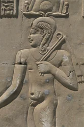 Egypt, Libyan Desert, Al-Dakhilah (Dakhla) Oasis, Dayr al-Haggar, Relief in Egyptian Temple