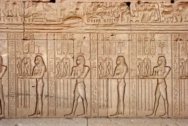 Egyptian antiquity: offerings and tributes presented to the goddess, Temple of Hathor, Denderah, Egypt