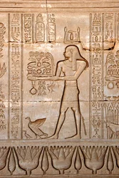 Egyptian antiquity: representation of a man bringing offerings to the goddess, Temple of Hathor, Denderah, Egypt - Egyptian civilization: a man carrying offerings to the goddess Hathor, carved on the wall of Hathor Temple (or Temple of Tentyra) in Denderah
