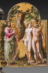 Portable Altar Back Side: Adam and Eve Facing the Eternal Father (detail)